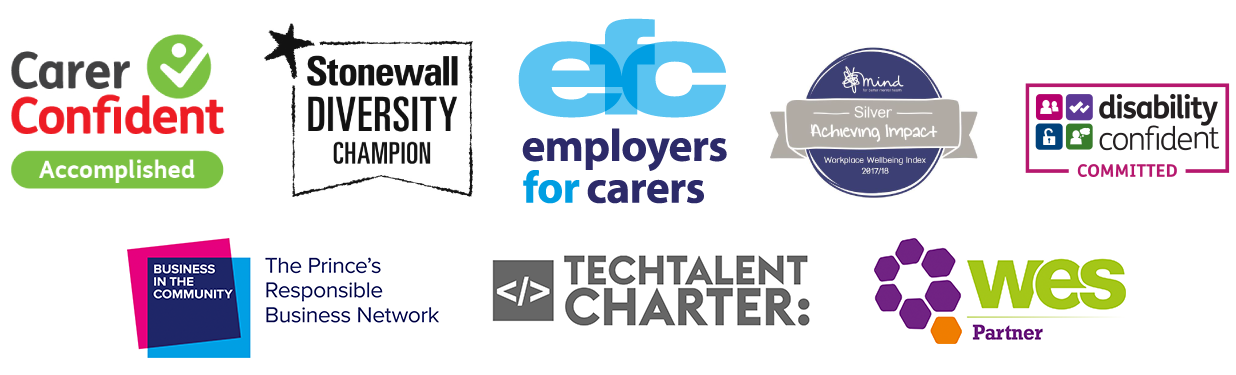 Logos of our partners: carer confident, employers for carers, mind, disability confident, the prince's responsible business network, tech talent charter, wes